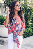 Floral Print Tie Front Kimono Sleeve Blouse