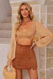 Shirred Open Back Deep V Neck Long Sleeve Crop Top