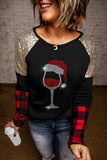 Wine Sequins Plaid Colorblock Round Neck Shift Casual Blouse