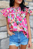 color Ruffle Flutter Sleeve Floral Print Blouse