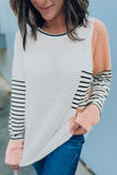 Colorblock Striped Splicing Waffle Knit Long Sleeve Top
