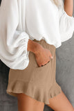 Khaki High Waist Pocketed Ruffle Shorts