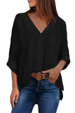 V Neck 3/4 Sleeve High Low Hem Shirt