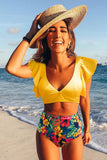 Floral Ruffled Hem High Waist Bikini Set