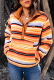 Multicolor Striped Kangaroo Pocket Buttoned Sherpa Sweatshirt