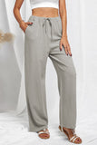 Gray Drawstring Elastic Waist Pockets Long Straight Legs Pants