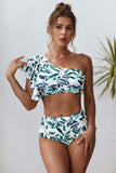 Leaves Print Ruffled Single Shoulder High Waist Bikini