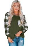 Plaid Splicing Sequined Pocket Long Sleeve Top