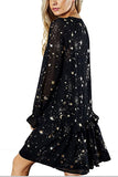 Shimmer Ruffle V Neck Stars Print Long Sleeve Casual Short Dress