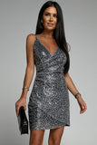 Wrap V Neck Leopard Sequin Cami Dress
