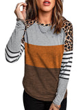 Leopard Striped Color Block Long Sleeve Blouse