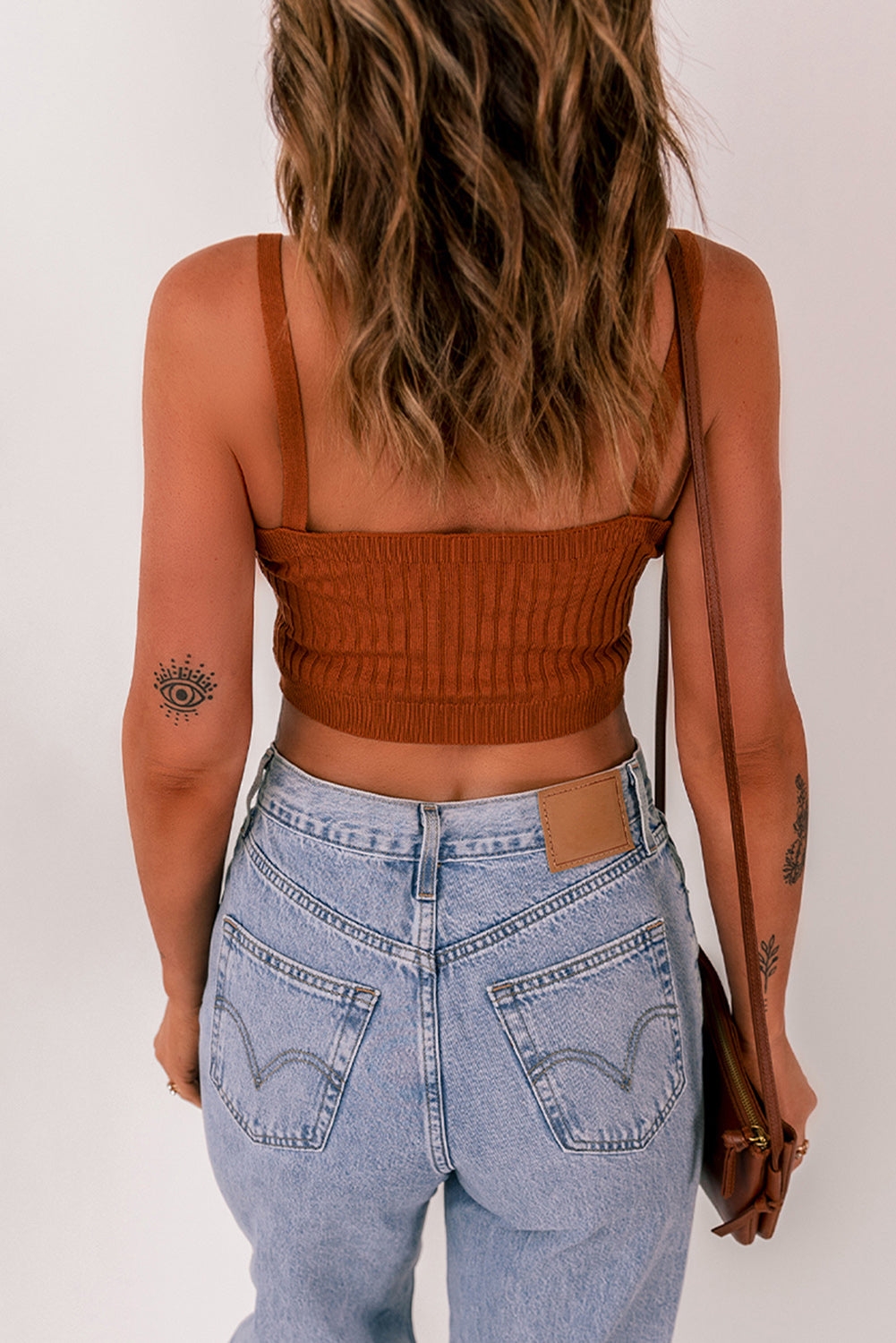 Brown Ribbed Spaghetti Strap Cropped Knitted Tank Top