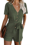 V Neck Short Sleeve Buttons Belted Romper with Pockets