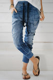 Dark Blue Drawstring Elastic Waist Jogger Jeans