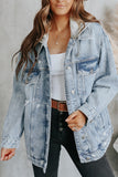 Button Closure Ripped Hooded Denim Jacket