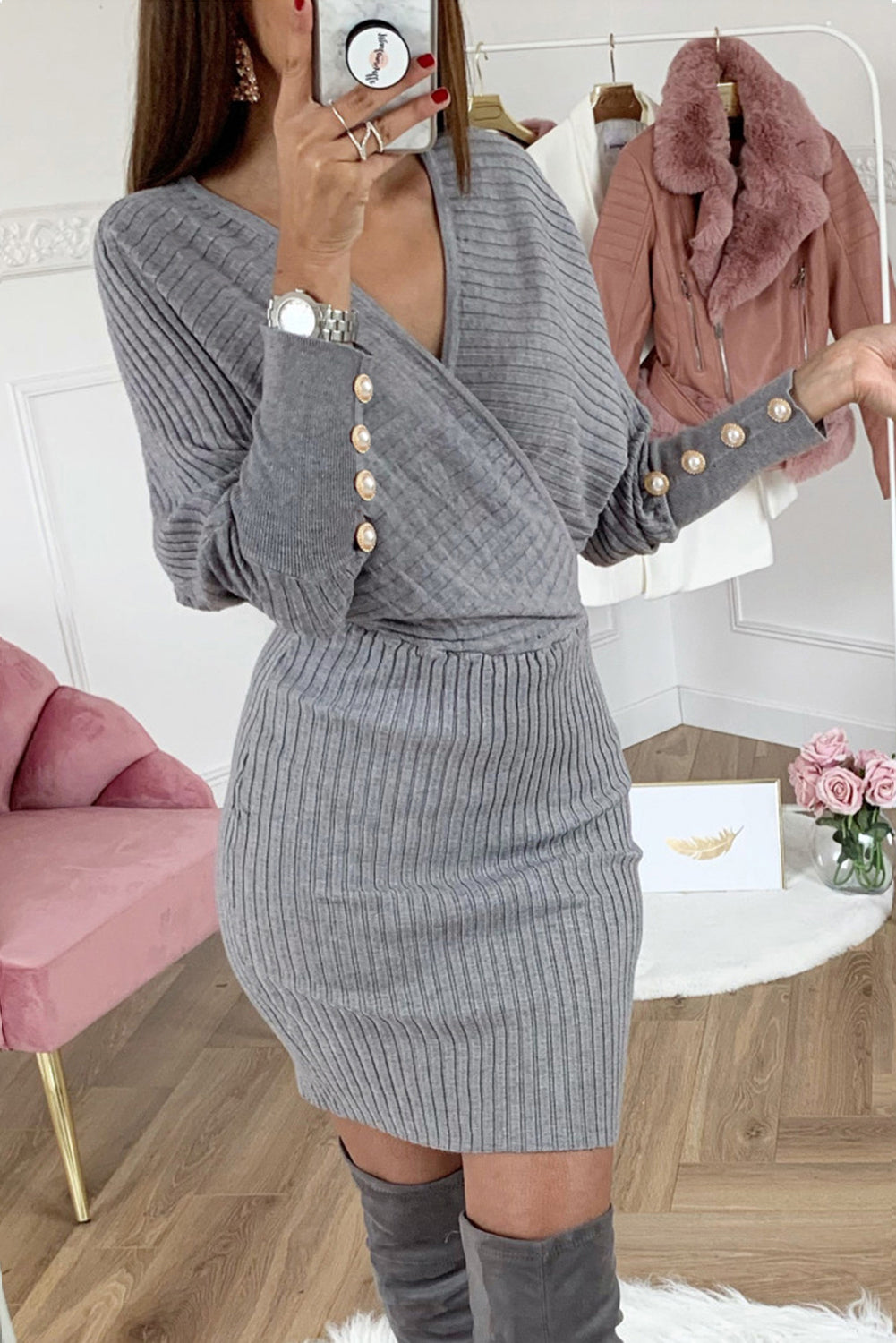 Beige Wrap V Neck Batwing Sleeves Ribbed Sweater Dress