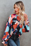 Abstract Pattern Crewneck Ruffled Puff Sleeve Blouse