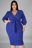 Plus Size Puff Sleeve Wrap V Neck Midi Dress