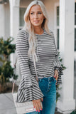 Gray Double Bell Sleeves Stripe Top