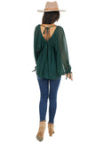 Swiss Dot Lace-up V Neck Long Sleeve Top