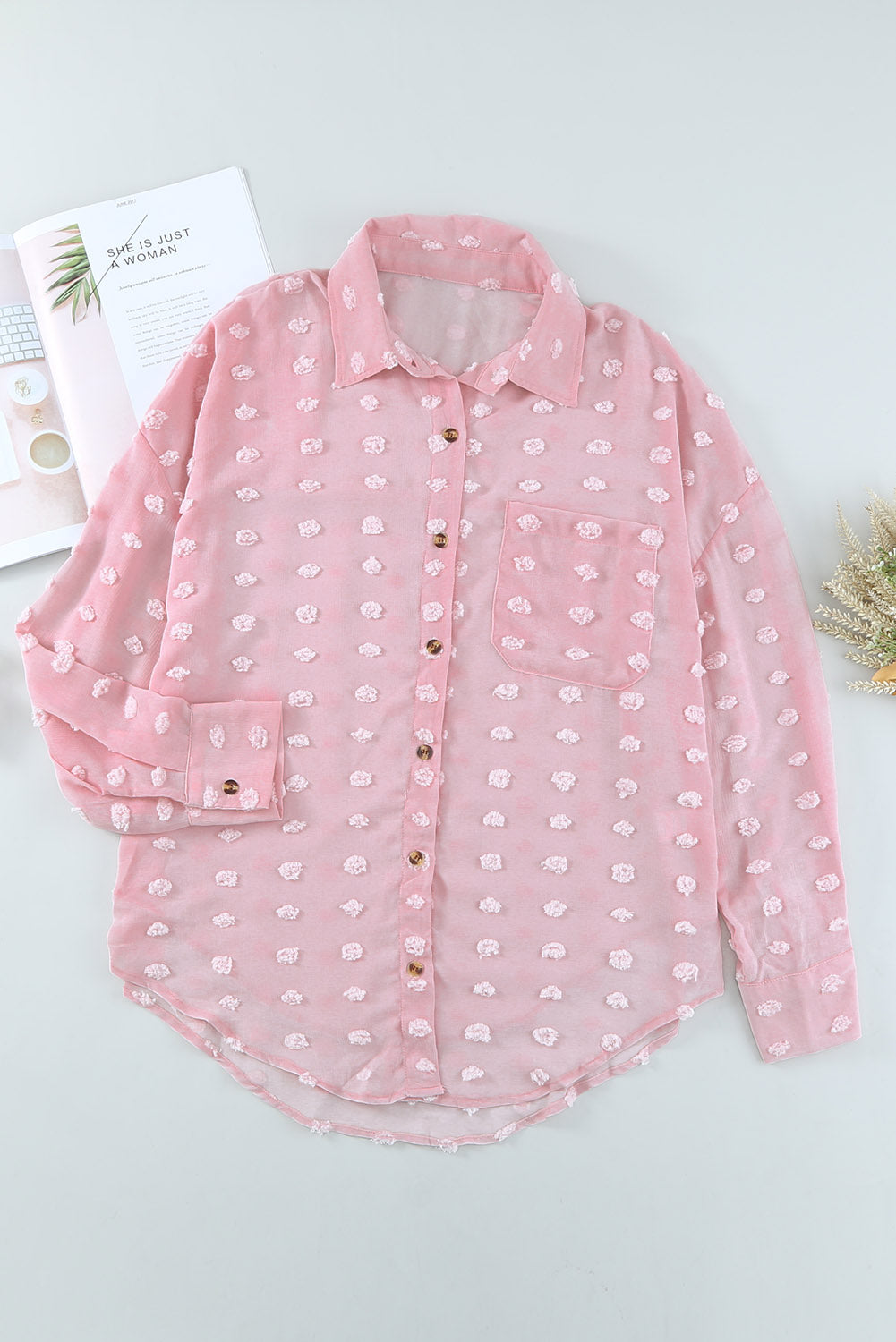 Pink Swiss Dot Buttoned Pocket Long Sleeve Shirt