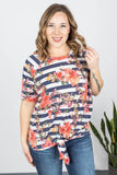 Striped Floral Print Crewneck Short Sleeve Plus Size T Shirt