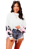 Leopard Splicing Waffle Knit Puff Sleeve Blouse