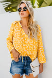 Yellow Floral Print Drawstring V Neck Blouse