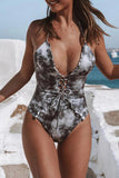 Multicolor Tie Dye Lace Up Front Plunging V One Piece Swimsuit