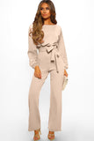 Apricot Boat Neck Bubble Sleeve Straight Legs Jumpsuit with Belt Tie