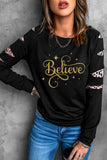 Believe Glitter Print Leopard Patchwork Pullover Sweatshirt