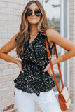 Black Floral Print Belted Ruffled V Neck Sleeveless Top