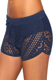 Blue Drawstring Waist Lace Panel Plus Size Swimwear Shorts