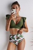 Floral Ruffled Hem High Waist Bikini Set