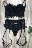 Spaghetti Strap Eyelash Lace Bralette Set with Garter Belt