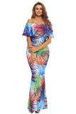 Turquoise Roses Print Off-the-shoulder Maxi Dress