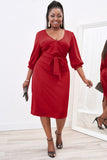 Plus Size Puff Sleeve Wrap V Neck Midi Dress