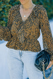 Leopard Ruffled V Neck Long Sleeve Blouse
