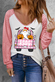 Pumpkin Print Sheer Striped Long Sleeve Top