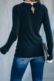 Black Solid Ruffled Crew Neck Knit Sweater
