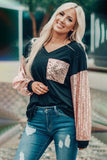 Sequin Splicing V Neck Bishop Sleeves Top
