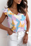 color-2 color Pastel Geometric Print V-Neck Pleated Cap Sleeve Top