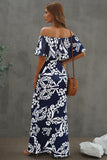 Turquoise Roses Print Off-the-shoulder Maxi Dress
