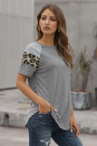 Khaki Striped Leopard Print Short Sleeve Women T-shirt