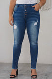 Plus Size High Rise Buttons Distressed Ankle Skinny Jeans