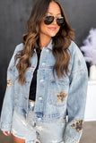 Sky Blue Leopard Star Distressed Cropped Denim Jacket