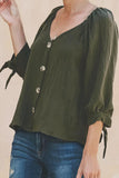 Green Button Up V Neck Sleeve Tie Shirt