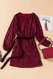 Wine Red Loose Long Sleeve Sequin Dress with Sash