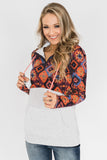 Boho Print Color Block Patchwork Zip Collar Sweatshirt