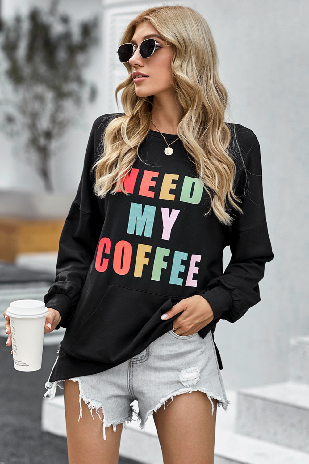 Need My Coffee Pocketed Pullover White Sweatshirt